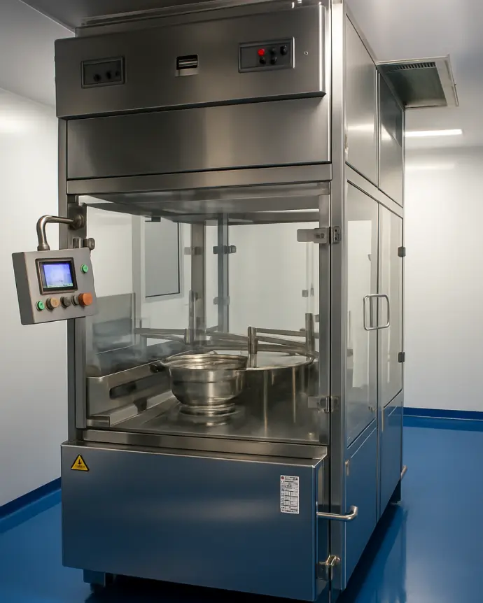 Maquinaria de llenado de viales en sala limpia durante el proceso de instalación y puesta en marcha.